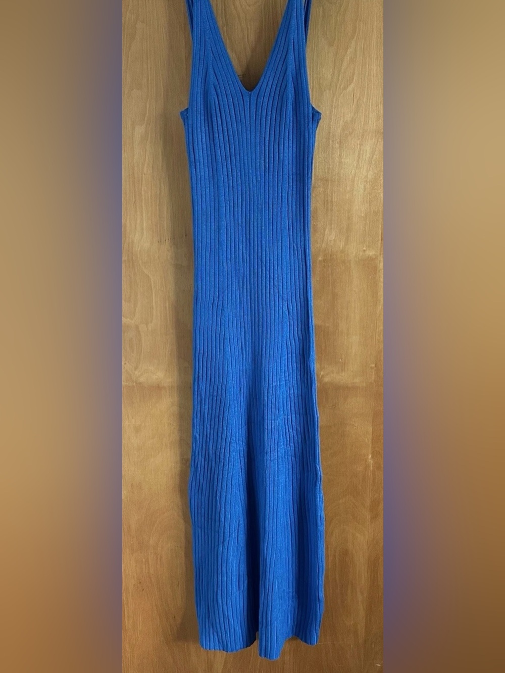Merokeety Women’s S Blue V-Neck Ribbed Stretch Sleeveless A-Line Maxi Dress NWT